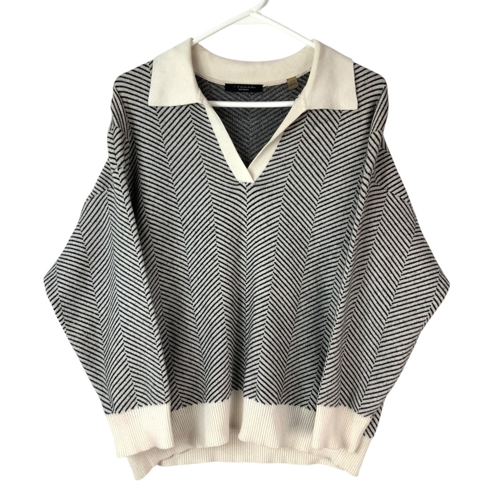 T Tahari Woman Black Ivory Chevron Sweater 1X Pullover V-Neck Polo Long Sleeve